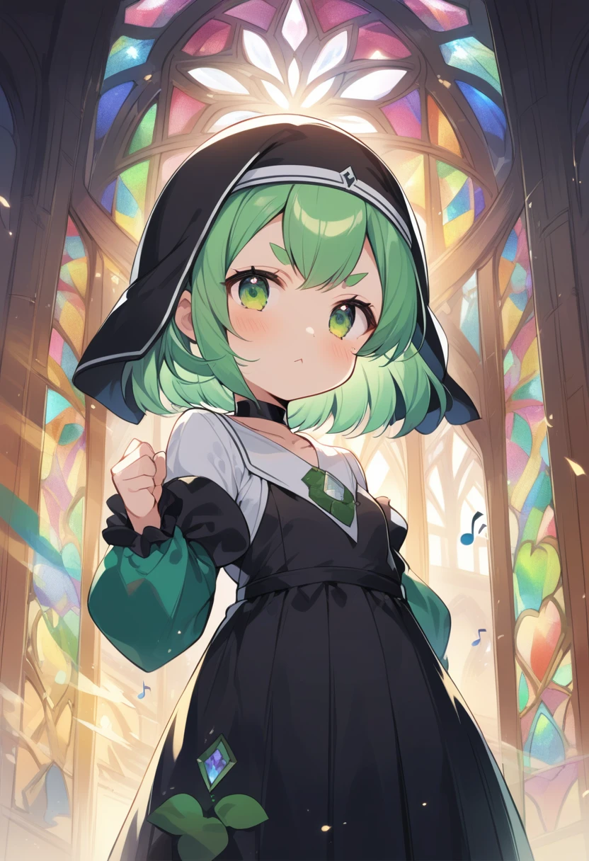 (loli:1.4),(little female child:1.4), cute face, 6 years old,kawaii, (highlight on eyes:1.1), small breast, (jiggly:0.8), shiny skin,(mini girl:1.5),
BREAK
(green maro eyebrows:1.4), :<, (jitome:1.1),pouty and slightly grumpy,(medium green hair:1.2),pout,disgusted eyes, green eyes, puffy eyes,
BREAK
breathtalking Scenery, breathtalking Beauty, breathtalking Cute,scenery, (best quality, masterpiece:1.2), (ultra high quality:1.2),smooth soft skin, natural skin,
BREAK
floral point black nun dress, nun veil,choker,excessive detailed collarbone,bare collarbone, long hem,wide shot,long shot,dynamicangle,
BREAK
(multi-layered flower shaped stained glass), (rose shaped stained glass),(music note effect fused with stained glass),(heart shaped Church windows),nature theme,(Giant stained glass leaf),(Multiple stained glass musical note),Atrium structure,ceiling,tiffany,dust particles,anime,stain glass inspired by leaf mark,