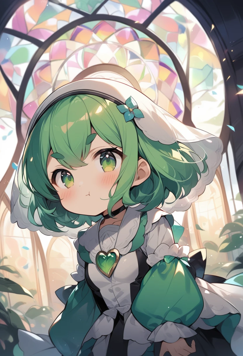 (loli:1.4),(little female child:1.4), cute face, 6 years old,kawaii, (highlight on eyes:1.1), small breast, (jiggly:0.8), shiny skin,(mini girl:1.5),
BREAK
(green maro eyebrows:1.4), :<, (jitome:1.1),pouty and slightly grumpy,(medium green hair:1.2),pout,disgusted eyes, green eyes, puffy eyes,
BREAK
breathtalking Scenery, breathtalking Beauty, breathtalking Cute,scenery, (best quality, masterpiece:1.2), (ultra high quality:1.2),smooth soft skin, natural skin,
BREAK
floral point black nun dress, nun veil,choker,excessive detailed collarbone,bare collarbone, long hem,wide shot,long shot,dynamicangle,
BREAK
(multi-layered flower shaped stained glass), (rose shaped stained glass),(music note effect fused with stained glass),(heart shaped Church windows),nature theme,(Giant stained glass leaf),(Multiple stained glass musical note),Atrium structure,ceiling,tiffany,dust particles,anime,stain glass inspired by leaf mark,