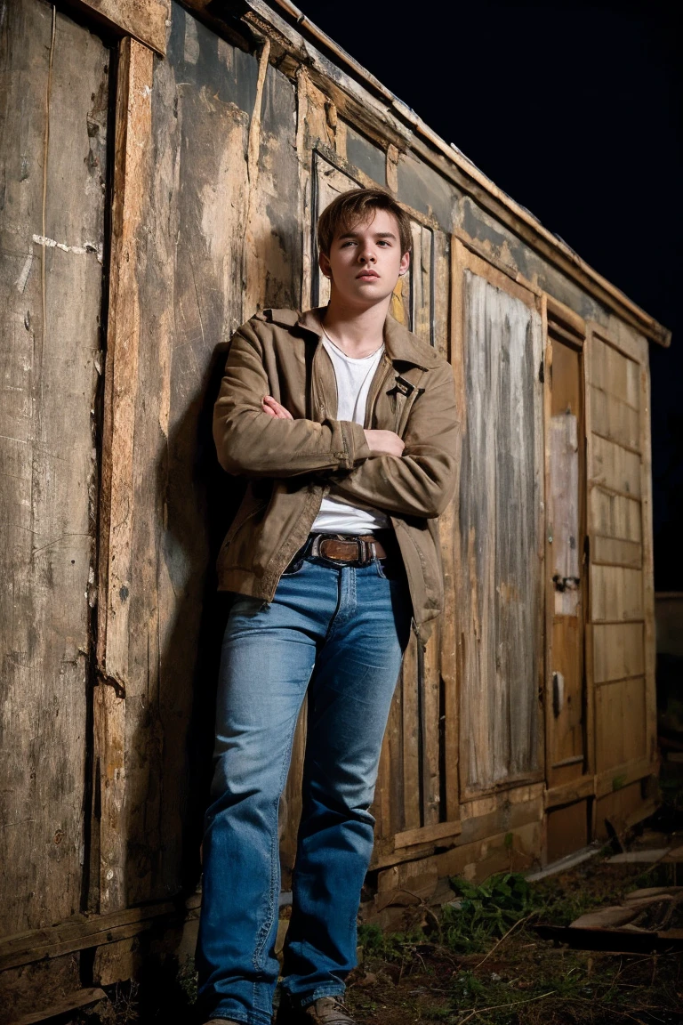 Realistic photo of solo handsome teenage men ,Standing on the wall of an abandoned building ,night