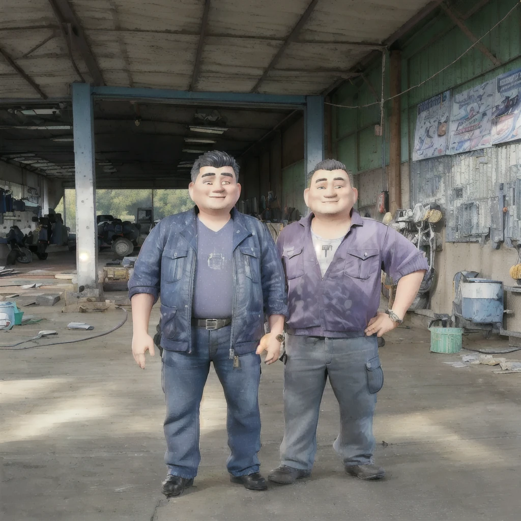 two men standing in a garage with a motorcycle in the background, wpol and sarasti, post, happy, interesting composition, full protrait, yiqiang and shurakrgt, nuttavut baiphowongse, patiphan sottiwilaiphong, protrait, potrait, zeng fanzh