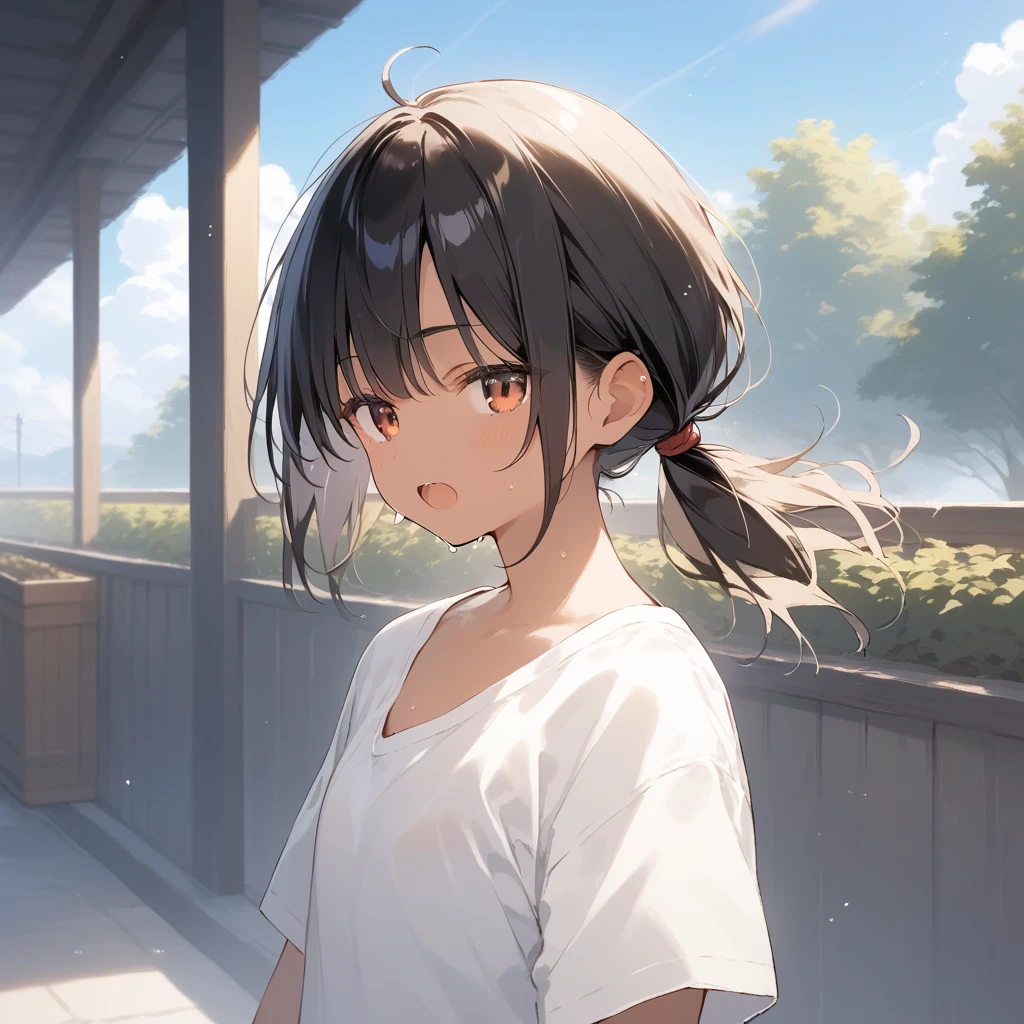 score_9, score_8_up, score_7_up, source_anime, best quality, masterpiece, official art, absurdres, highres, ultra-detailed,waifu2x,Collection: Slice of Life,break,1girl, tomboy, dark-skinned female, short hair, low ponytail, flat chest, beautiful detailed eyes, short shorts, sweat, open mouth, (yawn:0.3), sleepily, outdoors, wind,break,(clear line illustration:1.2), super detailed skin,very high resolution, very aesthetic, Best sexual lighting powered by famous artist, 8k,cute picture,beauty illustration,photoshop_(medium),,(Detailed Lighting),best anime 8k konachan wallpaper, pixiv contest winner,