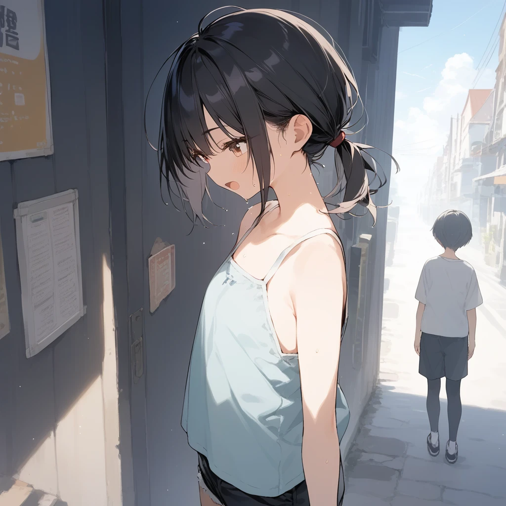 score_9, score_8_up, score_7_up, source_anime, best quality, masterpiece, official art, absurdres, highres, ultra-detailed,waifu2x,Collection: Slice of Life,break,1girl, tomboy, dark-skinned female, short hair, low ponytail, flat chest, beautiful detailed eyes, short shorts, sweat, open mouth, (yawn:0.3), sleepily, outdoors, wind, break,(clear line illustration:1.2),very high resolution, very aesthetic, super detailed skin, Best sexual lighting powered by famous artist, 8k,cute picture,beauty illustration,photoshop_(medium),,(Detailed Lighting),best anime 8k konachan wallpaper, pixiv contest winner,