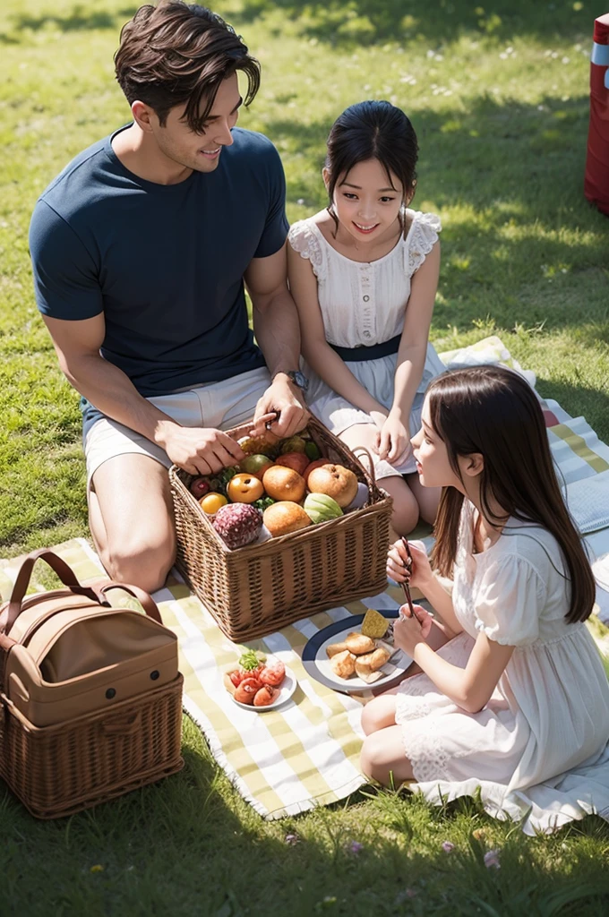 A plump white-skinned woman with brown hair in Russian clothes and a little girl are sitting near a samovar on a picnic in nature