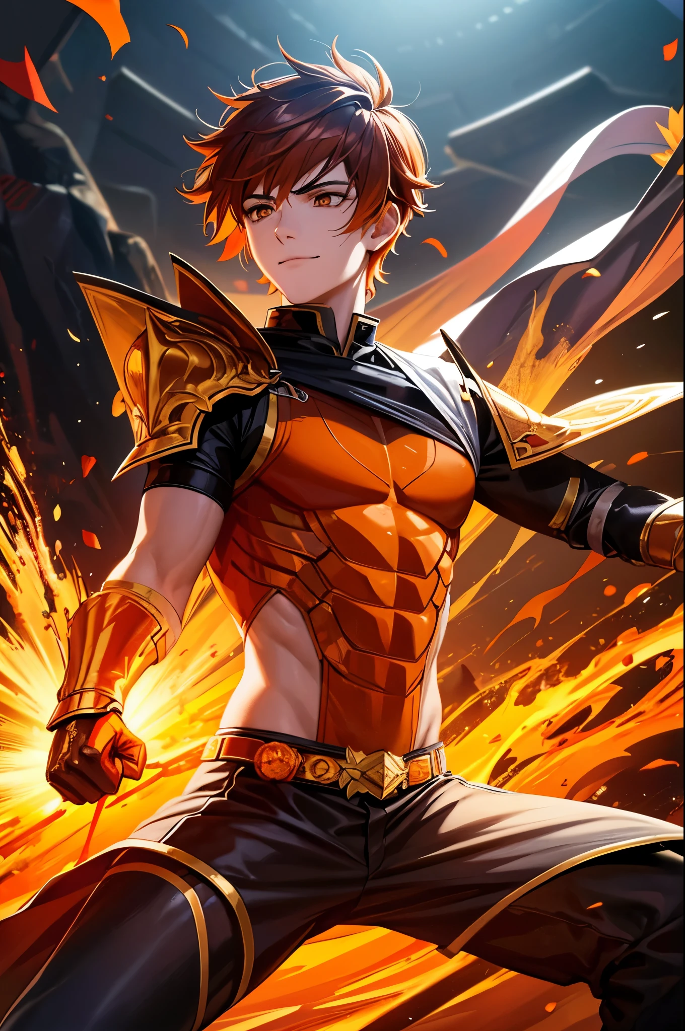 8K,A very young boy, the God of Fire, clothed in the energy of a 16-year-old.,Super handsome(Like the real thing),He looks at the audience with a fearless smile.,Orange Hair,Orange Flame Armor(Fire God Crest),Orange Flame Gauntlet(Fire God Crest),Orange Flame Leg Guards(Fire God Crest),Dark and desolate land,Photorealistic RAW photos of the highest quality。Bright colors,Rich colors, Backlight, Cinema Lighting, Film Grain, 50mm lens, Nikon D850,Realistic Skin,Fantasy art,Character Art,Ultra-high resolution,Realistic Skin,Extremely strong and defined abs,bulging muscles,A 16-year-old boy who is the god of fire,Golden Eyes,Black Flame God Outfit(Orange flame emblem filigree),Dynamic fighting pose,