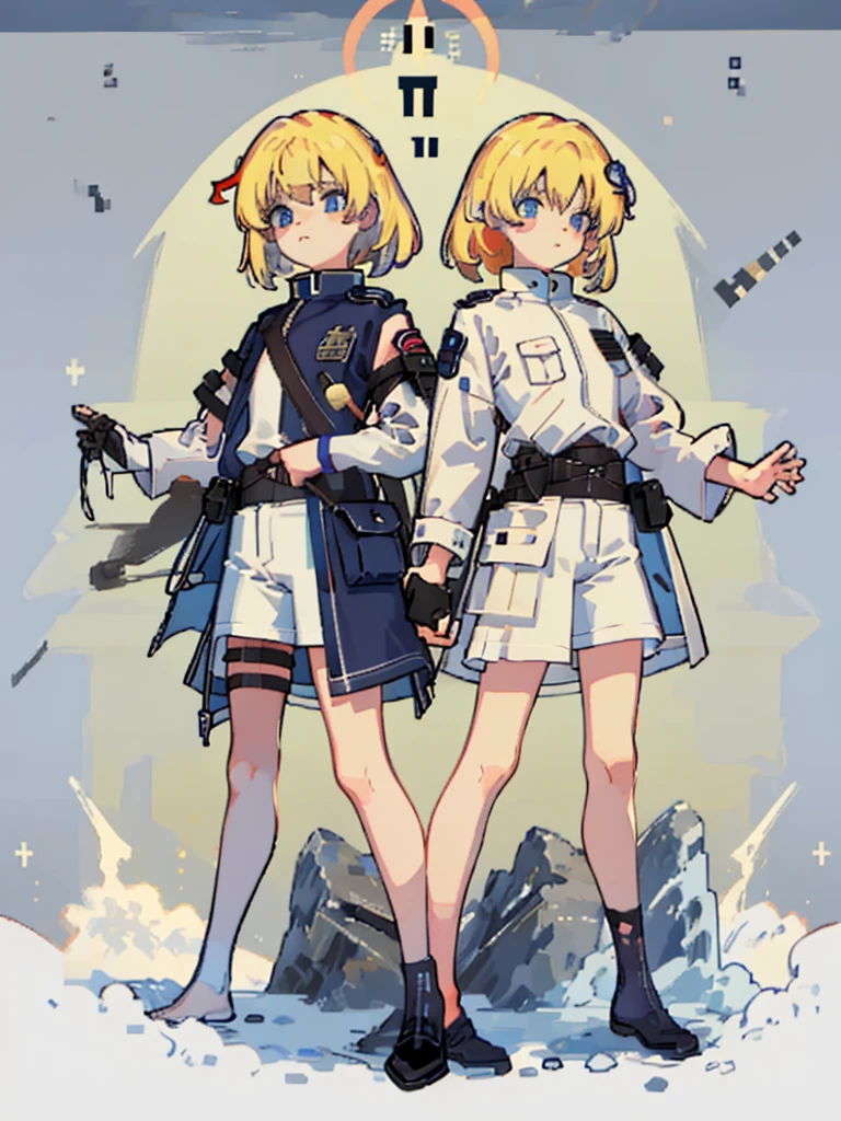 (((Full Body))) (((Twins))) ((Detailed)) They are 12-year-old boys twin with blonde hair. One has an energetic and curious expression, dressed in rugged survival attire. Another one appears more serious and focused, also dressed in practical survival gear with a pragmatic touch. 