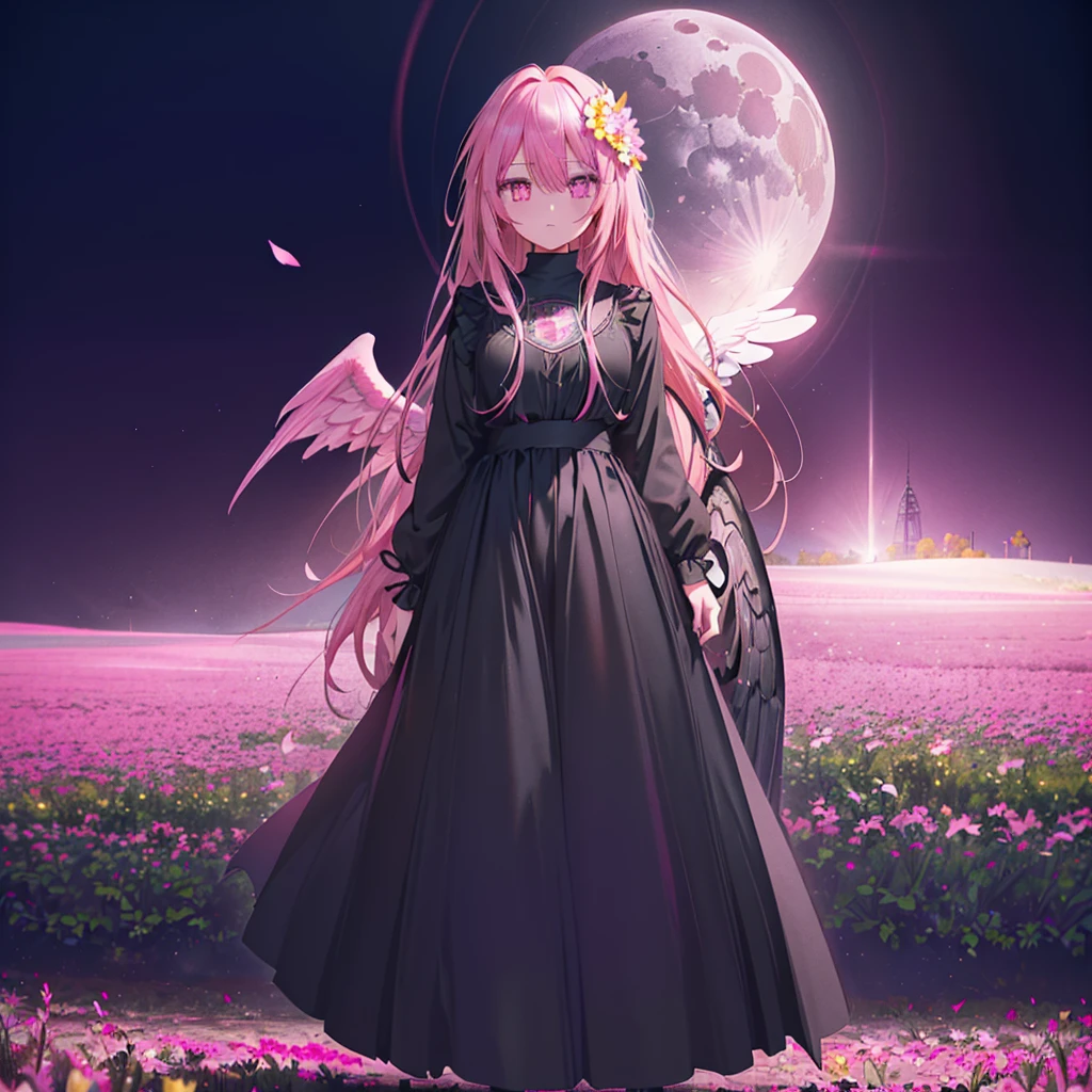 ((((Standing in a flower field))))　(((Long Hair　Pink Eyes　Pink Hair　Black Dress　Archangel)))　((night　満moon　Western style　Shining Aura　Face is close　Standing in a flower field　Close-up))　Broken glass　Big ribbon　moon　star　Catch the wind