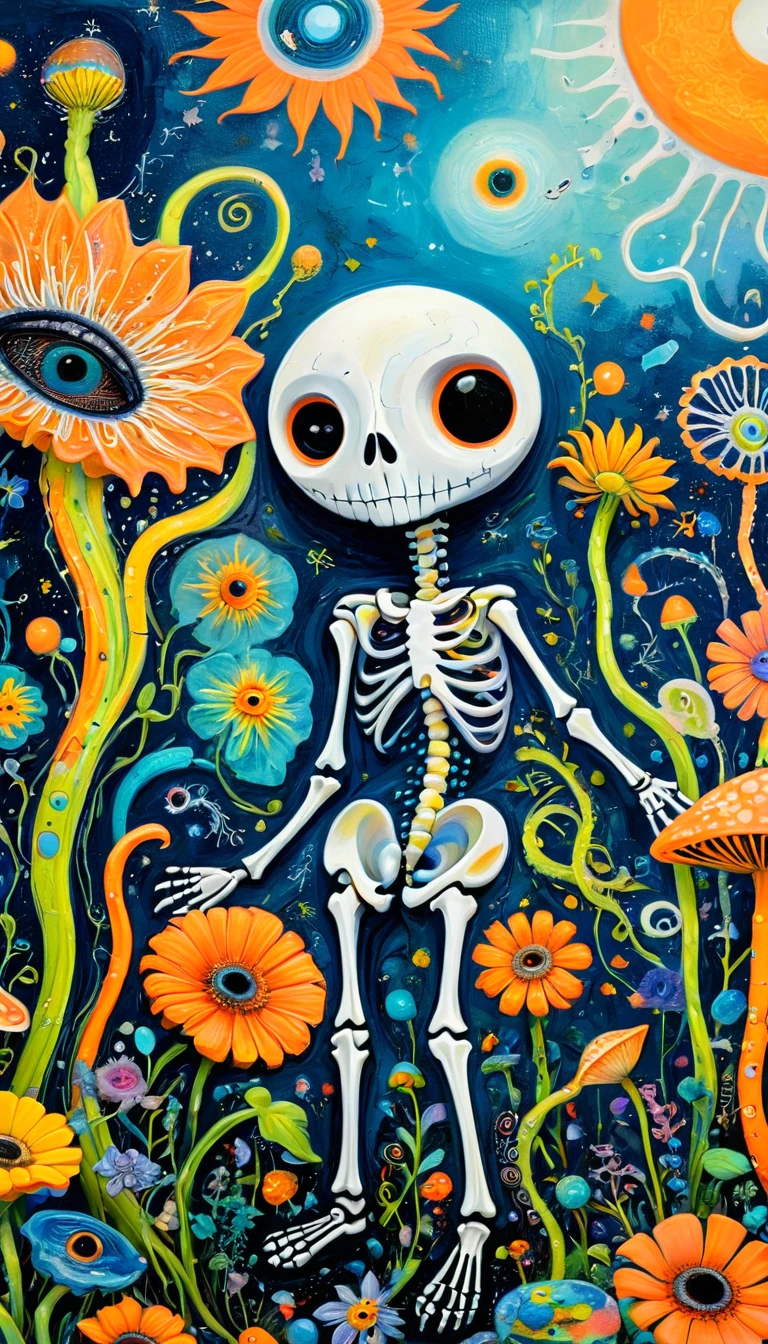 Children's graffiti,Thick coating,Concave and convex texture,Oil pastel strokes:Skeleton、flowesh、Tentacles、bird、Eye、diatom,Abstract mosaic painting,Describing the inner world of autistic people,Sense of space,White Space,interesting,Innocence,Psychedelic Art,Orange overall
