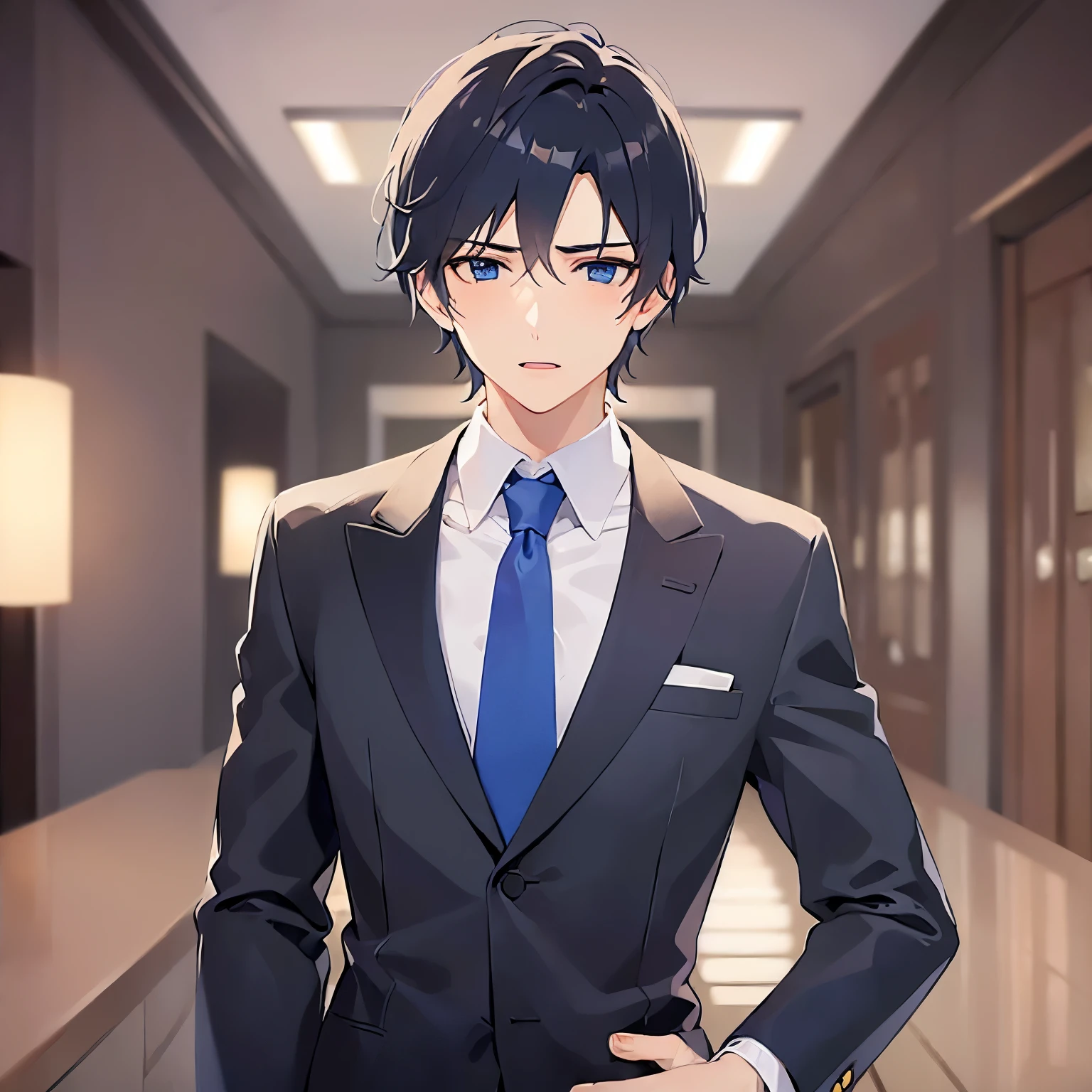 (25-year-old male:1.5) and (Black short hair) and (blue eyes)
 (Wearing a suit:1.5) and (Blue tie)、(looking away:1.5),upper body、
shiny skin, masterpiece、Highest quality、
The hotel lobby in the background、(blush:1.4)、Panic、open mouth