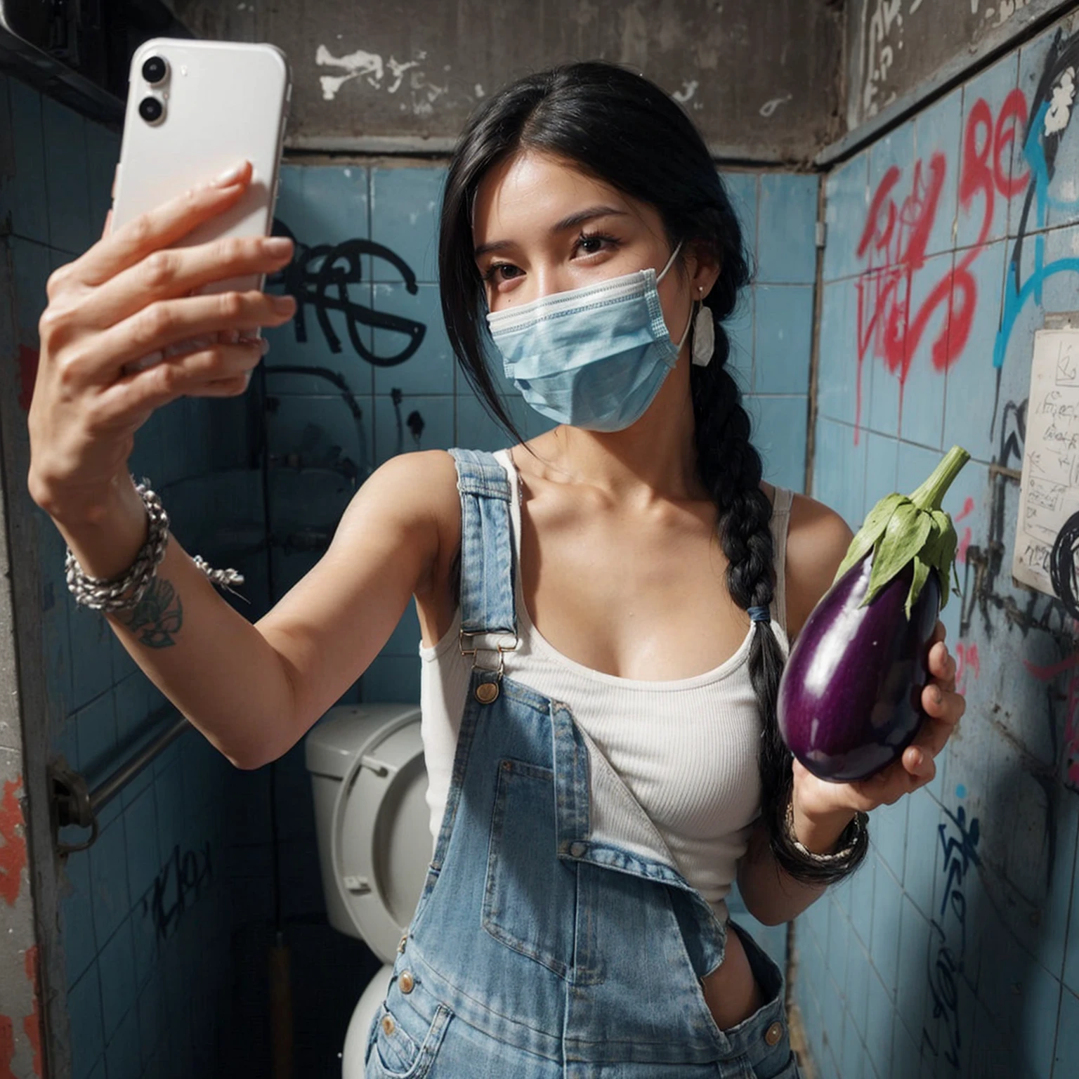 A young woman in denim overalls and a white tank top stands in a graffiti-marked bathroom, holding a large eggplant. She has long black hair in a braid and is wearing a blue surgical mask, taking a selfie with an iPhone.