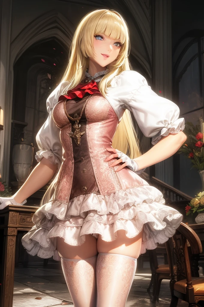 perfect eyes:1.2, detailed eyes:1.4, Emilie T8, blunt bangs, blue eyes, long hair, blonde hair, thighhighs, pink frilled dress, frilled ascot, fingerless gloves, smile, red eyeshadow:1.2, makeup:1.2, cowboy shot, 1girl, solo, (masterpiece:1.6, best quality), 8k, insane details, intricate details, hyperdetailed, hyper quality, high detail, ultra detailed, professional, HDR, ray tracing reflection, cinematic lighting,