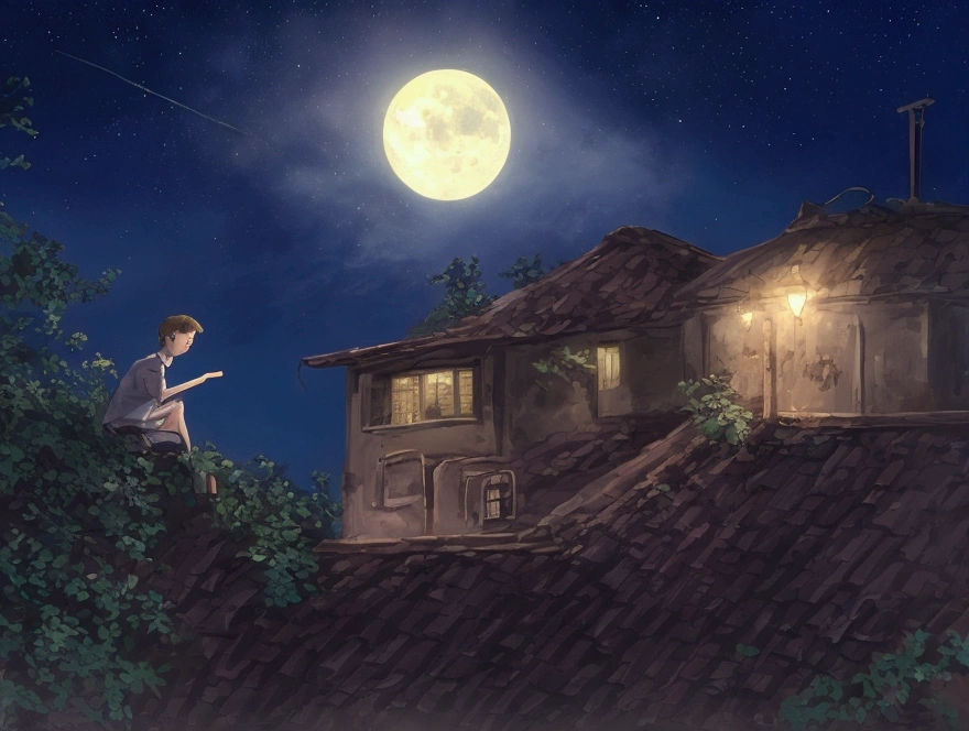 A boy is sitting on a roof on a moonlit night..