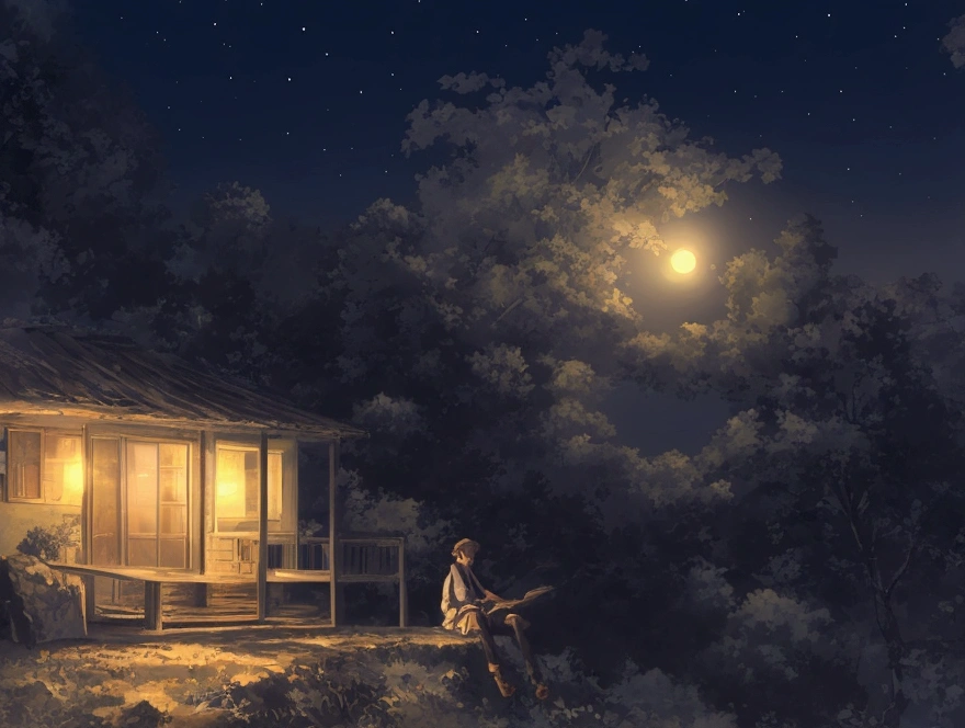 A boy is sitting on a roof on a moonlit night..