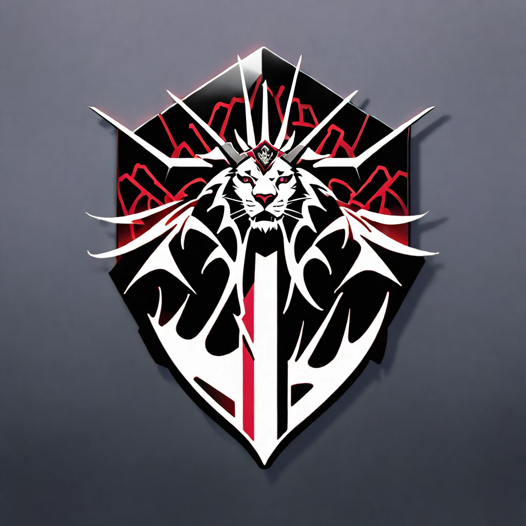 a beast, a lion-like creature, in red, black and white. Two swords pierce from inside her mouth and come out through her head. The beast displays a menacing look with crossed swords entering its mouth and piercing its head. two swords, two swords penetrating the creature. Badge of clan, icon, logo, simple background
icon, logo, crest