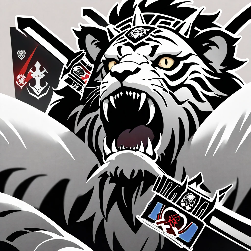 a beast, a lion-like creature, in red, black and white. Two swords pierce from inside her mouth and come out through her head. The beast displays a menacing look with crossed swords entering its mouth and piercing its head. two swords, two swords penetrating the creature. Badge of clan, icon, logo, simple background
icon, logo, crest