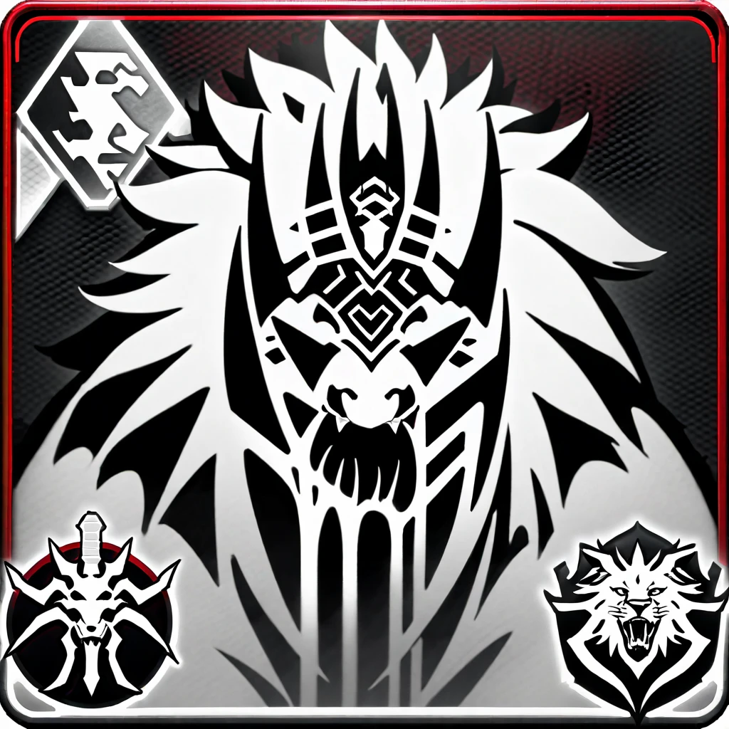 a beast, a lion-like creature, in red, black and white. Two swords pierce from inside her mouth and come out through her head. The beast displays a menacing look with crossed swords entering its mouth and piercing its head. two swords, two swords penetrating the creature. Badge of clan, icon, logo, simple background
icon, logo, crest