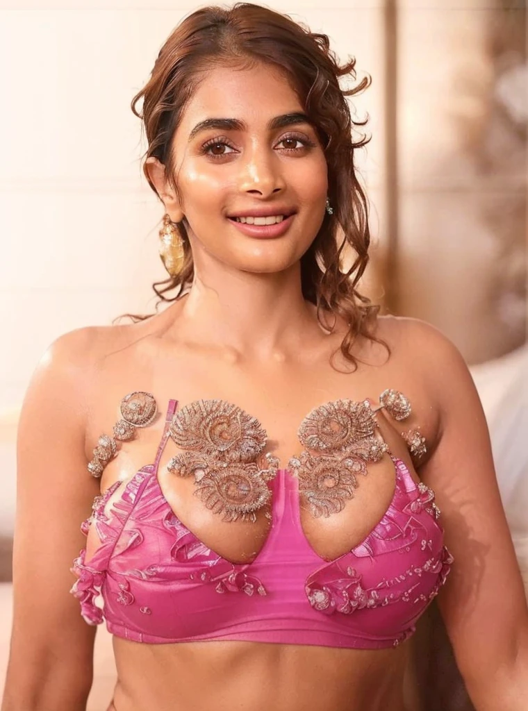 No make up,close up photo of semi naked Pooja hegde,(( erotic sexy pose, transparent  bikini, curly hair )),hotel bedroom, curly hair , smiling ,shiny skin , fit figure , tall, fleshy, lean eyebrow, pooja hegde,pooja1, kodak, looking at viewer,detailed background, ((insanely detailed skin texture , depth of field ))