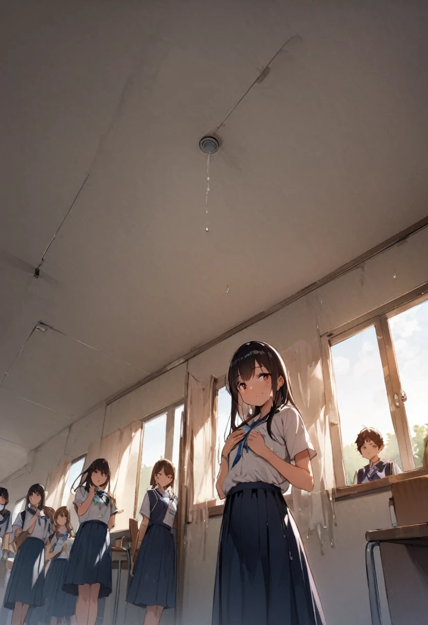 Plastic bottle、Drinking juice、My clothes are wet with juice、drink、Juice dripping from the mouth、from directly below、Stinking eyes、sideways glance、School、In the classroom、Girl、Girl、Short、Younger、Lower school year、Baby Face、flat chest、smile、Dynamic Angle、masterpiece、best quality、ultra-detail、Sweating heavily、The air conditioner is broken、Summer sunshine、Looks hot、The desks are lined up、corridor、window、There are several classmates behind me.、Clothing、Untidy appearance、Her chest is exposed、Fan、Heat
