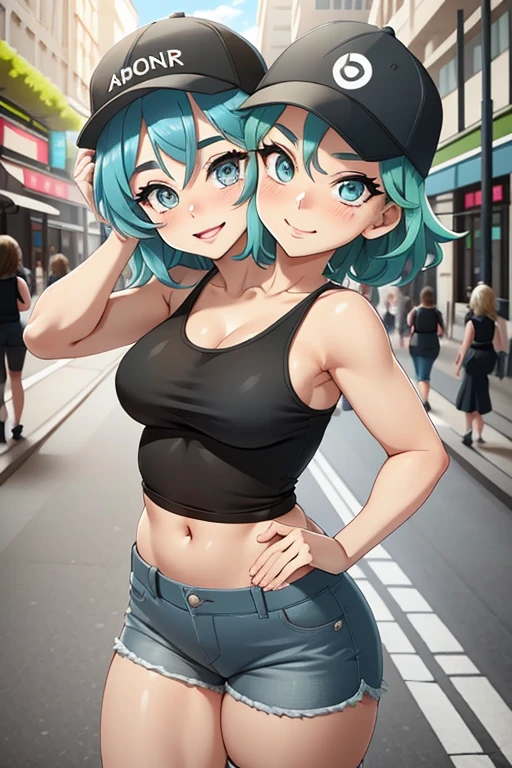2 heads, a short pudgy woman with 2 heads. Outside on a city street. Wearing a tank top, wearing jeans. Neon hair. Wearing snapback hat. Mature. Happy, smiling. Thin face. Sexy, seductive. Big lips. Adorable. Girlfriend. Happy. Shortstack, midget. Extremely short, tiny. Short arms and legs. High angle, looking up to viewer. POV selfie, taking a selfie.
