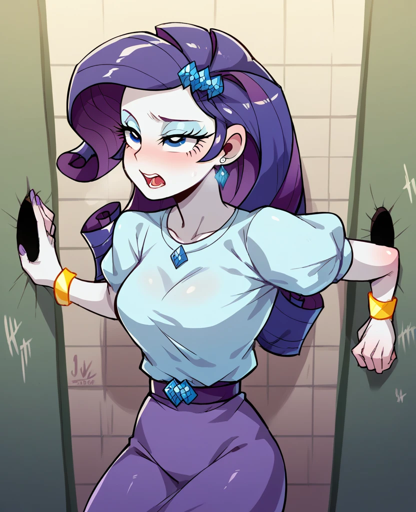 starfire, kneeling, slim, red hair, green eyes, purple top, midriff, purple skirt, thigh boots, blowjob, shota-kid, inside a toilet stall, teen titans, cartoon, ohxw