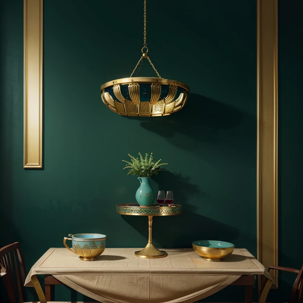 A bowl of crayfish noodles on the table in a gold plate and green blue ceramic bowl. The food photography is in the style of Anhui photographer Zhang Jingna. Gold cutlery and a wine glass are next to it on a dark red background wall. The interior design has a minimalist style with green details for embellishment. The atmosphere is highend with photography at a magazine level, in high resolution with super detail.
