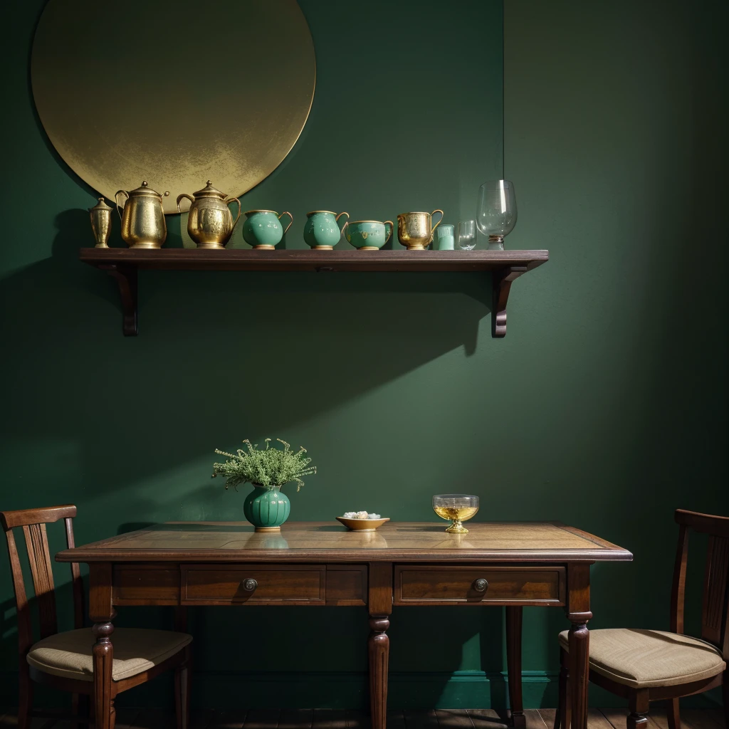 A bowl of crayfish noodles on the table in a gold plate and green blue ceramic bowl. The food photography is in the style of Anhui photographer Zhang Jingna. Gold cutlery and a wine glass are next to it on a dark red background wall. The interior design has a minimalist style with green details for embellishment. The atmosphere is highend with photography at a magazine level, in high resolution with super detail.