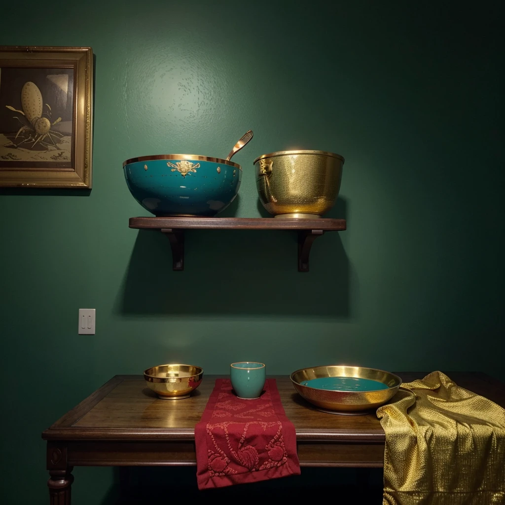 A bowl of crayfish noodles on the table in a gold plate and green blue ceramic bowl. The food photography is in the style of Anhui photographer Zhang Jingna. Gold cutlery and a wine glass are next to it on a dark red background wall. The interior design has a minimalist style with green details for embellishment. The atmosphere is highend with photography at a magazine level, in high resolution with super detail.