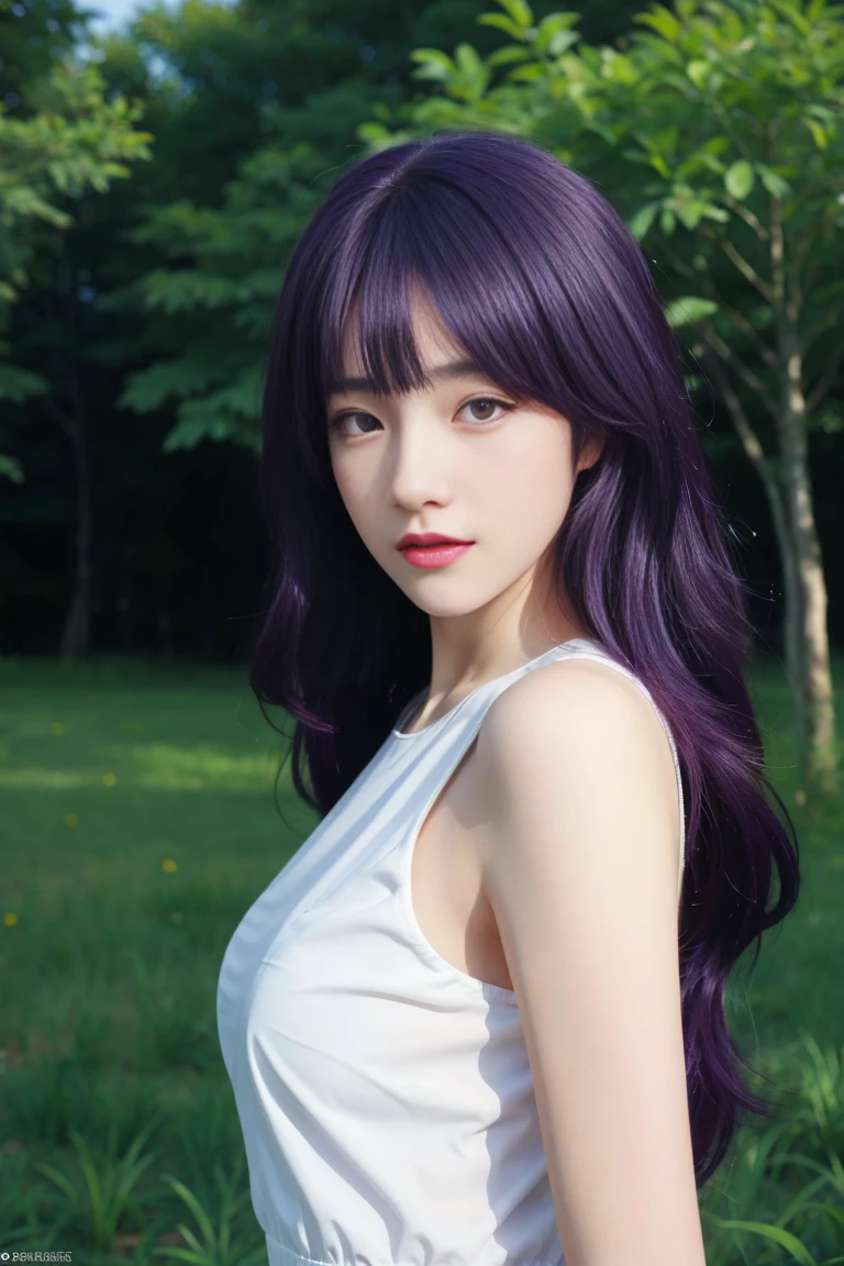 ulzzang-6500-v1.1,(raw photo:1.2),((photorealistic:1.30)), ((best quality)) ,((masterpiece)),((Ultra High Resolution)), ((Clear View)),,Ultra-high resolution,Clear face,（Reality：1.4) ,  illustration, an extremely delicate and beautiful, extremely detailed ,CG ,unity ,8k wallpaper, Amazing, finely detail, masterpiece,best quality,official art,extremely detailed CG unity 8k wallpaper,absurdres, incredibly absurdres, huge filesize, ultra-detailed, highres, extremely detailed,beautiful detailed girl, extremely detailed eyes and face, beautiful detailed eyes,light on face,cinematic lighting,1girl, 独奏 , (purple hair:1.5), bangs, purple eyes, (upper body),see-through,(looking at viewer:1.5),outdoors, garden background, grassland, Savanna, bodysuit, black dress, standing,