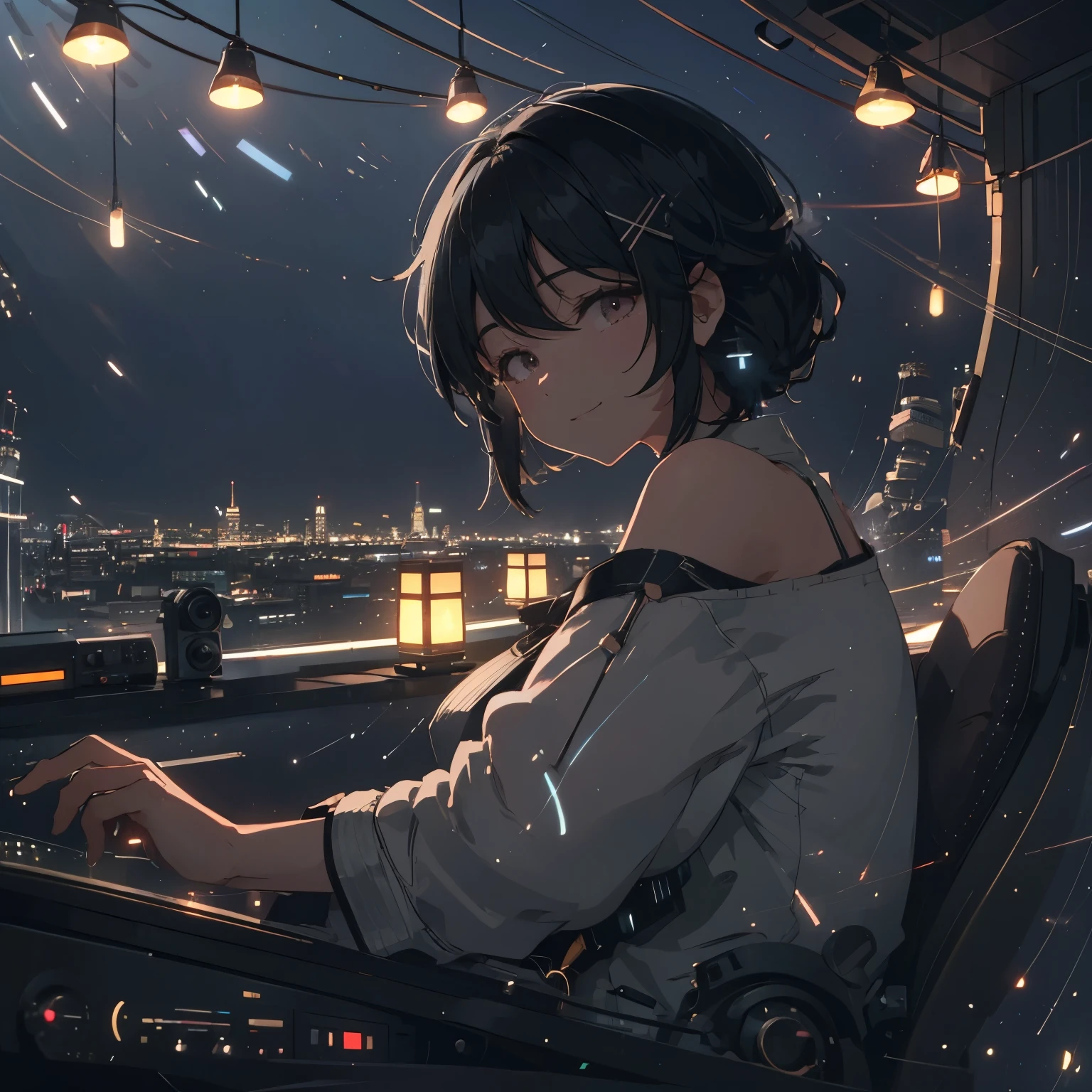 A beautiful radio personality with shoulder-length black hair, broadcasting live from the radio station. The lighting is high contrast, creating a dramatic atmosphere. It's early summer, and the air is filled with the sounds of cicadas and the scent of freshly cut grass. The illustration is in the style of a shoujo manga, with soft, delicate lines and vibrant colors. The radio personality is smiling warmly into the microphone, her voice captivating the audience. The artwork is a masterpiece, capturing the beauty and energy of the moment.

**Additional details:**

* The radio personality is wearing a stylish outfit, perhaps a blouse and skirt or a dress.
* She has a kind and friendly expression on her face.
* The radio station booth is cozy and inviting, with a warm light and comfortable seating.
* The background of the illustration is detailed, showing the bustling radio station and the city outside.
* The overall impression of the illustration is one of warmth, happiness, and professionalism.