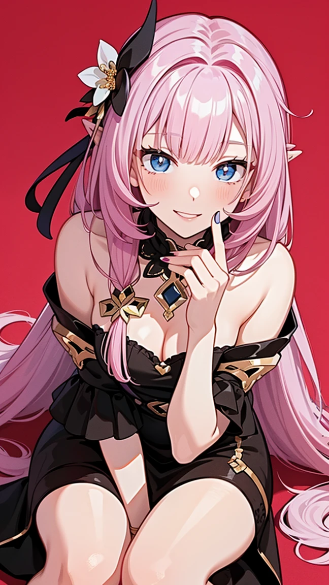 Masterpiece, Super Detail, High Quality, 8K, top quality, one girl, alone, looking at viewer, bangs, elisia, honkai impact, pink hair, light blue eyes, long hair, manicure, hair ornament, holding up hand, flower, blunt bangs, charming smile, tassel, colorful, red background, ruffles, multi colored hair, ((Above the knees image)), nails
