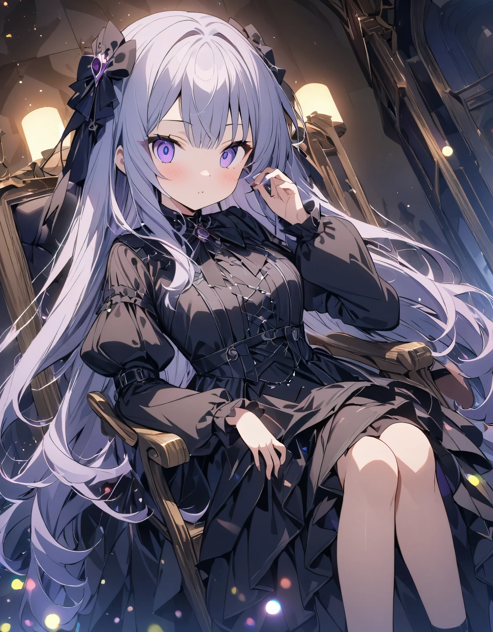 anime style:1.4),超High resolution, Attention to detail, high quality, High resolution, 最high quality, 4K, 8K、bokeh, background, glitter,f/28mm、A room filled with light、Gothic dresses、Gothic room、Sitting in a chair drinking tea、Lady、(Purple Hair:0.5)