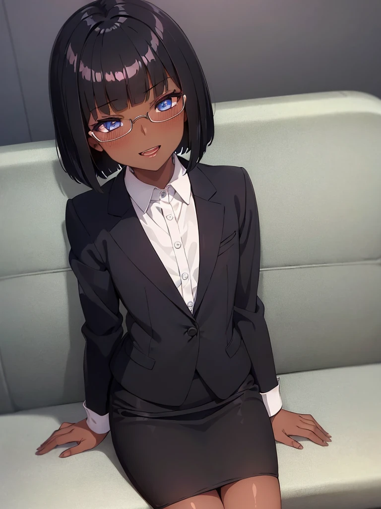 (1 girl:1.5),(dark skin:1.5),(masterpiece:1.2), highest quality, High resolution, unity 8k wallpaper, (fine and beautiful eyes:1.6), highly detailed face, perfect lighting, Detailed CG, (perfect hands, perfect anatomy),20 years old, (black hair:1.3), detailed eyes, best quality, extremely detailed, very precise detailed, (glasses:1.4), , (straight hair:1.5), (evil smile:1.4) ,long sidelocks, (blush:1.3),(short Bobbed hair:1.4),(blunt bangs:1.4), (greaming skin:1.3),(sit:1.4),(flat chest),business suit,(open mouth),pencil Skirt