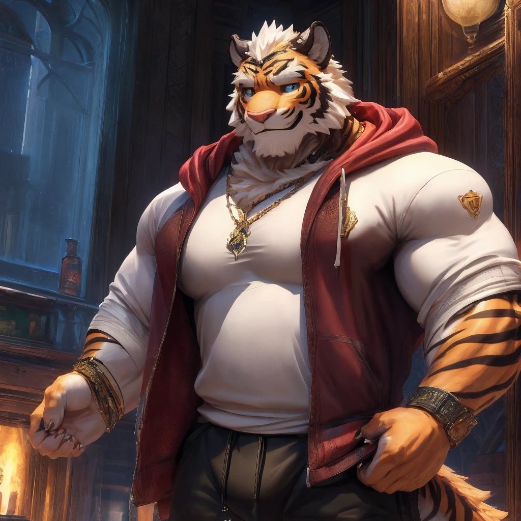 (masterpiece),(Very detailed),(best quality),8K,(high quality),(Ultra high quality),(Very detailed),solitary,Break,tiger,Hairy body,Furry Characters,White sweatshirt,Black shorts,Best image quality,A kind smile,Father role,Eye details,Shrugging ears,Airplane ears,Rainy Day,Gloomy sky,Middle-aged and elderly people,Tiger-type orcs,masterpiece,Fluffy tail,Detailed facial details with legs spread,male, ((The body is covered with thick white liquid)),muscular,((Convex,Convex,Convex起,big))