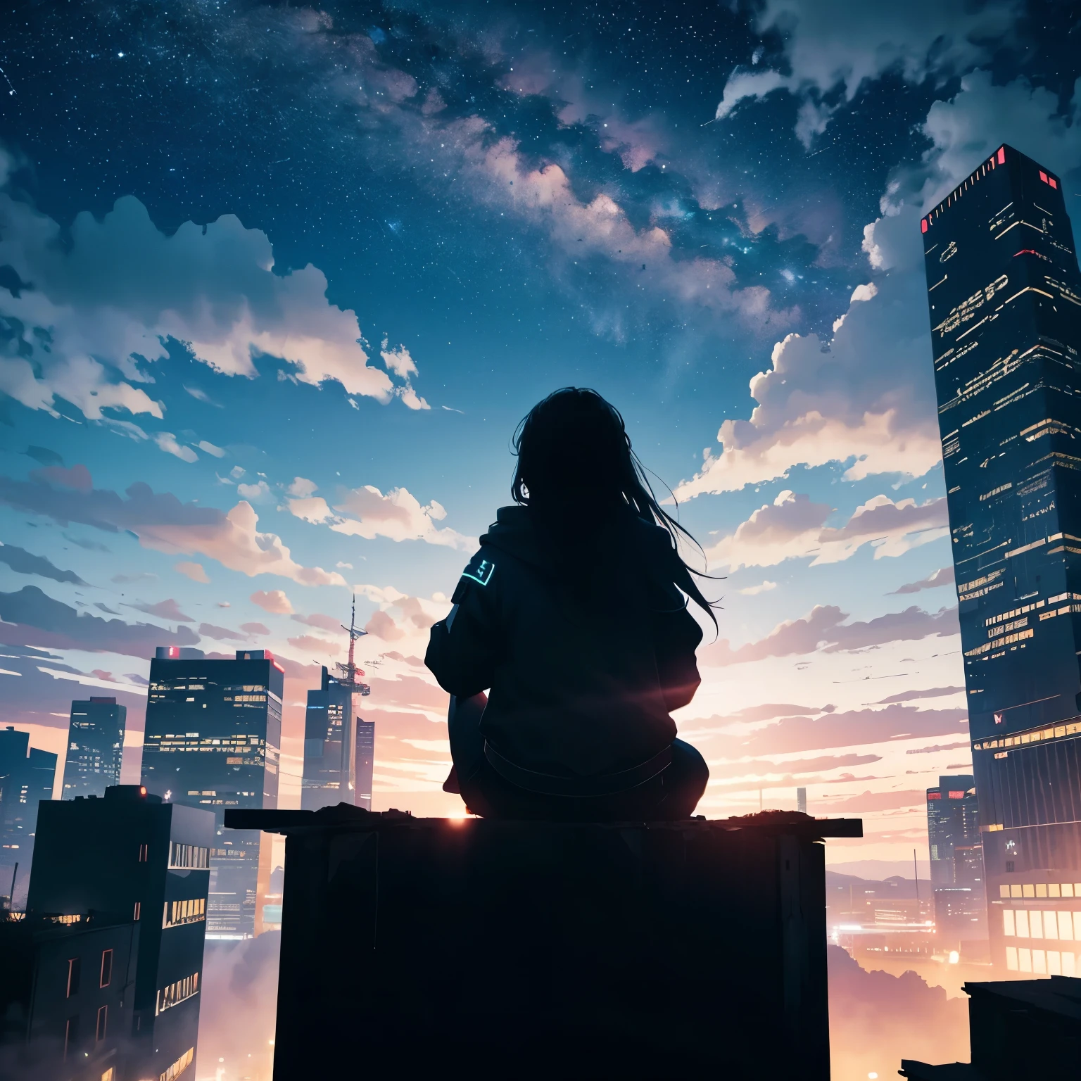 Octane, null, star (null), scenery, starry null, night, One girl, night null, alone, Outdoor, building, cloud, milky way, Sitting, wood, Long Hair, city, silhouette, cityscape