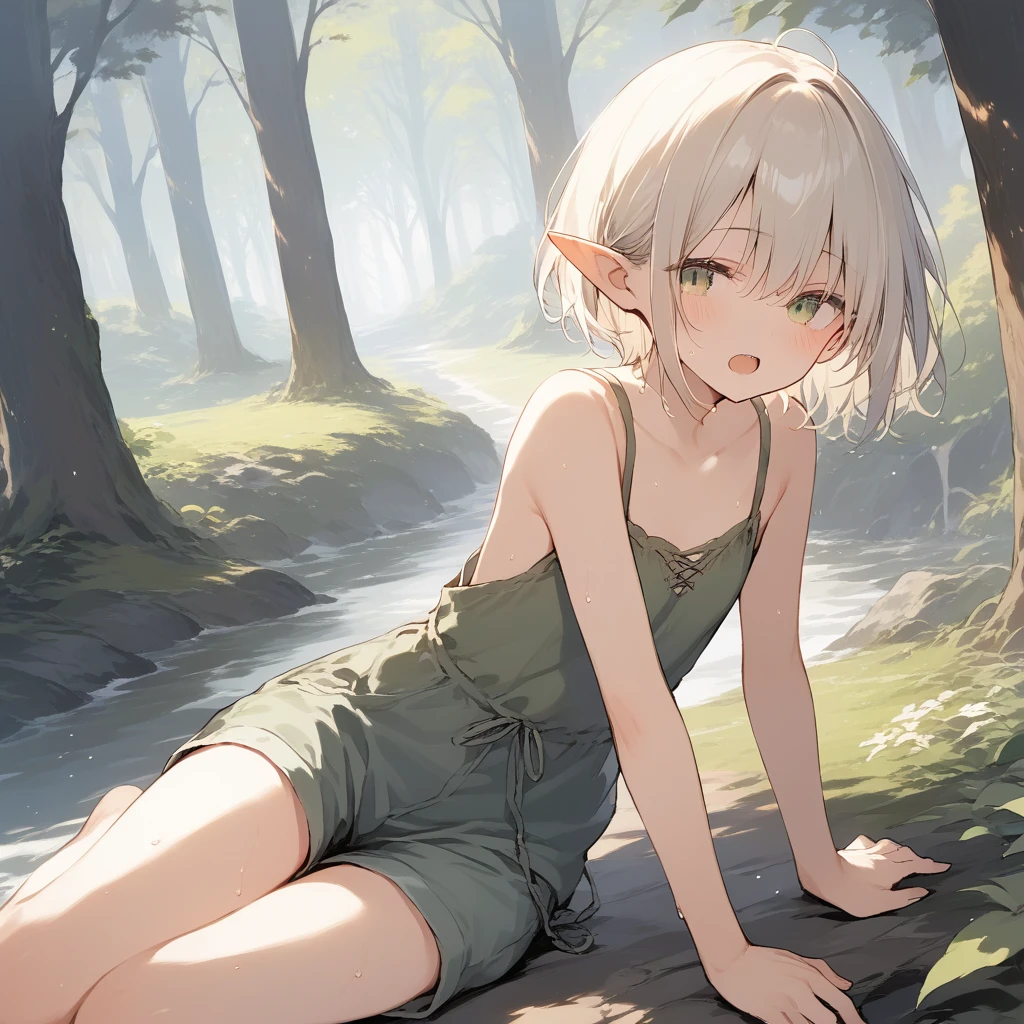 score_9, score_8_up, score_7_up, source_anime, best quality, masterpiece, official art, absurdres, highres, ultra-detailed,waifu2x,Collection: Slice of Life,break,1girl, elf, short hair, slender, flat chest, beautiful detailed eyes, green shorts, sweat, open mouth, (yawn:0.3), sleepily, outdoors, forest,break,(clear line illustration:1.2), super detailed skin,very high resolution, very aesthetic, Best sexual lighting powered by famous artist, 8k,cute picture,beauty illustration,photoshop_(medium),,(Detailed Lighting),best anime 8k konachan wallpaper, pixiv contest winner, 