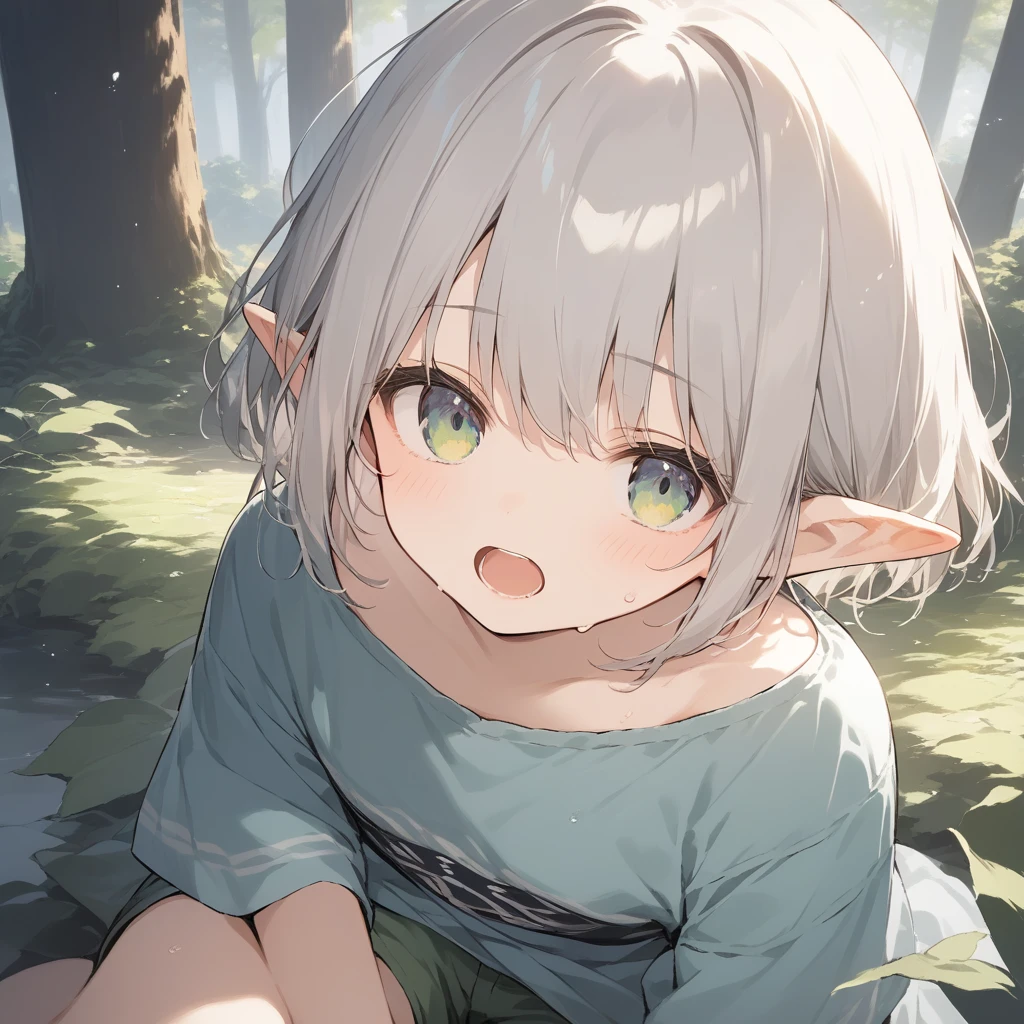 score_9, score_8_up, score_7_up, source_anime, best quality, masterpiece, official art, absurdres, highres, ultra-detailed,waifu2x,Collection: Slice of Life,break,1girl, elf, short hair, slender, flat chest, beautiful detailed eyes, green shorts, sweat, open mouth, (yawn:0.3), sleepily, outdoors, forest,break,(clear line illustration:1.2), super detailed skin,very high resolution, very aesthetic, Best sexual lighting powered by famous artist, 8k,cute picture,beauty illustration,photoshop_(medium),,(Detailed Lighting),best anime 8k konachan wallpaper, pixiv contest winner, 