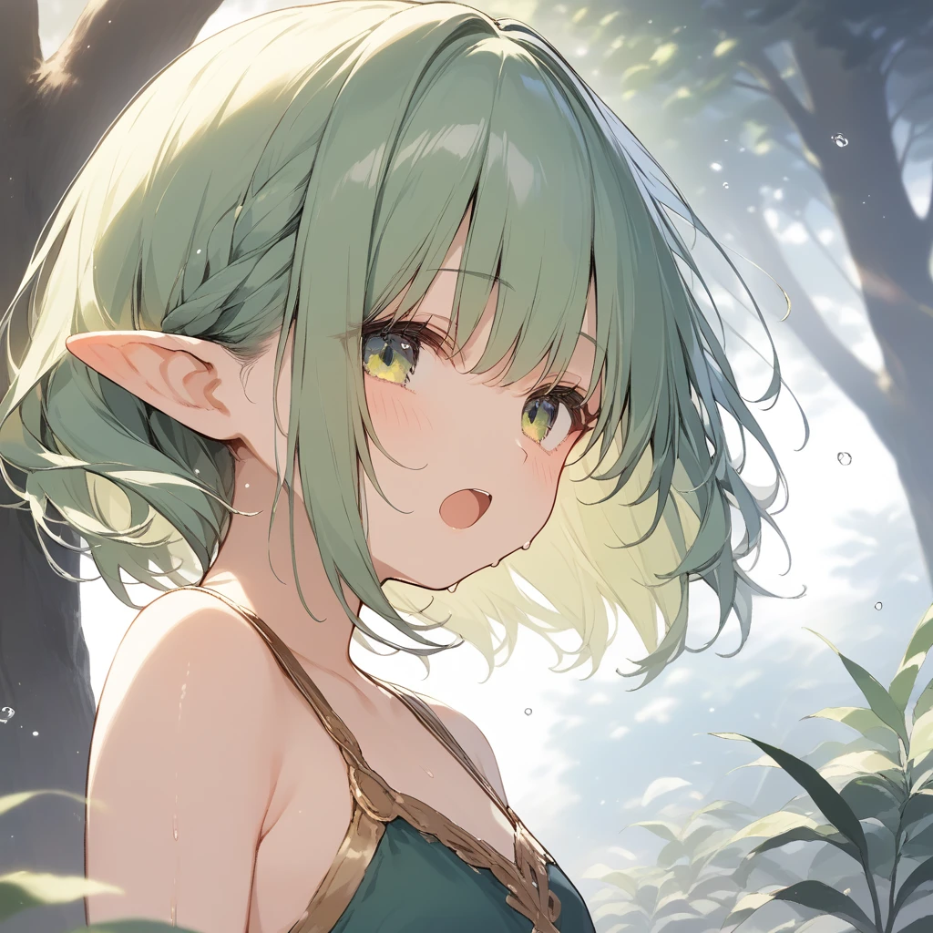 score_9, score_8_up, score_7_up, source_anime, best quality, masterpiece, official art, absurdres, highres, ultra-detailed,waifu2x,Collection: Slice of Life,break,1girl, elf, short hair, slender, flat chest, beautiful detailed eyes, green shorts, sweat, open mouth, (yawn:0.3), sleepily, outdoors, forest,break,(clear line illustration:1.2), super detailed skin,very high resolution, very aesthetic, Best sexual lighting powered by famous artist, 8k,cute picture,beauty illustration,photoshop_(medium),,(Detailed Lighting),best anime 8k konachan wallpaper, pixiv contest winner,