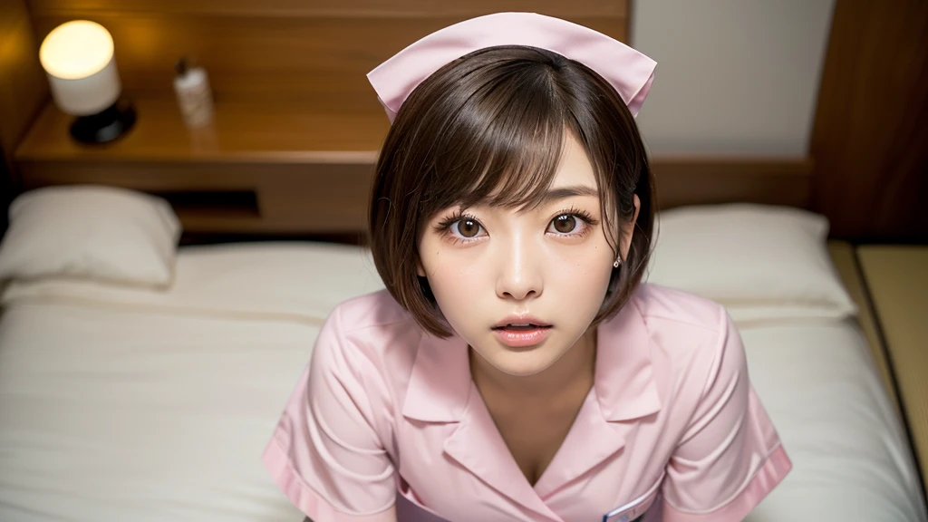 (1 Girl )、(Beautiful Japanese,round face、Refreshing、clear、seems kind、stylish、Pitiful、cute like an angel、cute、black eyes、(Single eyelid:1.3)、(Beautiful skin), {(Japan human face:1.6),(General facial features)} , (((Beautiful breasts:0.4))),(((soft breasts))),(very cute),(enchanting eyes),(highlight on eyes:1.2)、brown hair,(short bob hair),(8K、Live shooting、highest quality、masterpiece:1.2、optimal lighting),(Photo taken by a professional photographer),(real、photo real:1.4),BREAK,{ (pink nurse costume),(((pink taraditional nurse uniform)))},break, hospital,from below,(((1970s vibe)))、Hospital room,face shot:1.4,クローズアップ、,squatting,Seriously:1.4,open mouth:0.5,looking at viewer,from above、Bittersweet:1.4