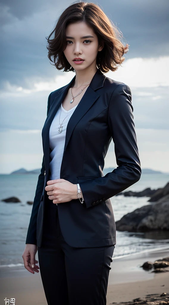 Highest quality、masterpiece、Ultra-high resolution、(Photorealistic:1.4)、RAW Photos、One Girl、Brown Hair、blue eyes、Eye and facial details、Black suit、Dynamic Lighting、Cloudy、Deep Shadow、Cowboy shot full body、Slime-ified、Slender、Model Body Type、、necklace、bracelet、necklace、Curly Hair