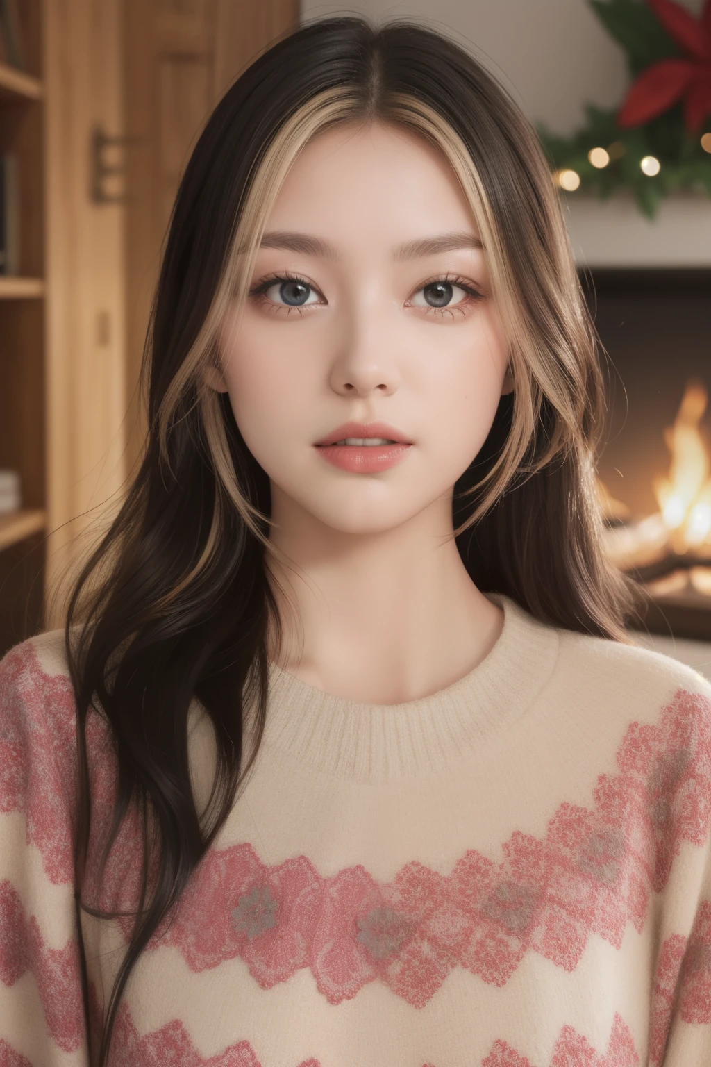 (RAW 8K photos) v1ol3tg3m5&#39;s, (wearing Edge PO pullover, Edge PO, christmas themed sweaters), (raw photo, best quality), (realistic, photo-realistic:1.4), masterpiece, very delicate and beautiful, very detailed, 2k wallpaper, amazing, in detail, very detailed CG unity 8k wallpaper, very detailed, mackerel, soft light, Mascara, assembly, beautiful detailed woman, smiling, complete anatomy, long hair, very detailed eyes and face, beautiful and delicate nose, beautiful detailed eyes, cinematic lighting, in the front room, log cabin background, winter landscape, Fireplace