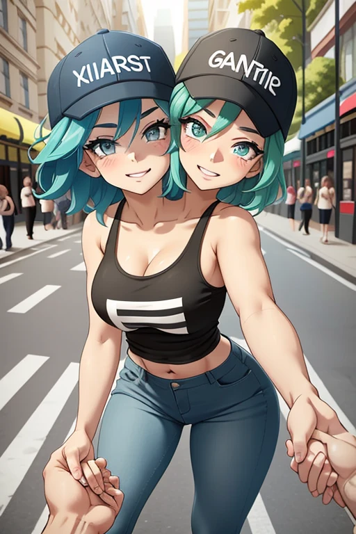 2 heads, a short pudgy woman with 2 heads. Outside on a city street. Wearing a tank top, wearing jeans. Neon hair.  Wearing snapback hat. Mature. Happy, smiling. Thin face. Sexy, seductive. Big lips. Adorable. Girlfriend. Happy. Shortstack, midget. Extremely short, tiny. Short arms and legs. High angle, looking up to viewer. Holding hands.