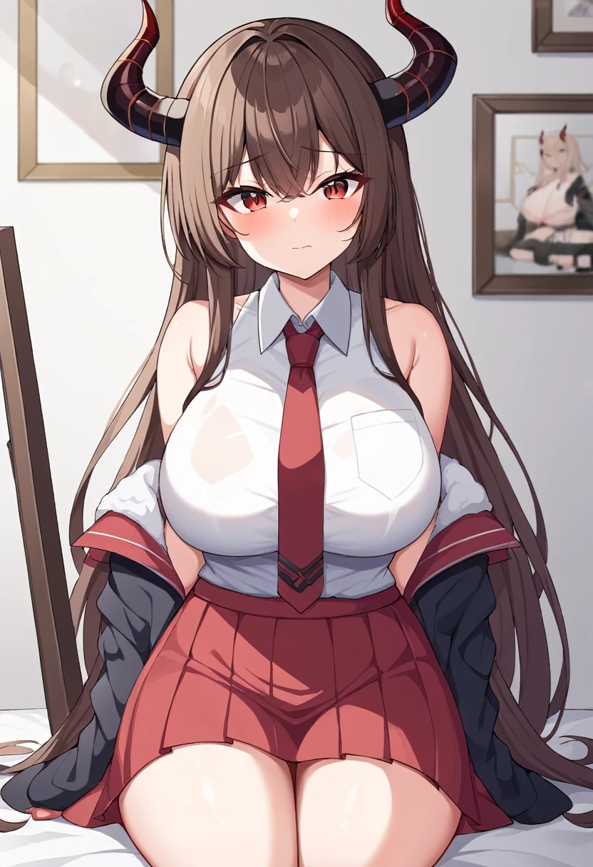 a woman in red and white is sitting on a bed. the person has horns and eyes, 1girl, breasts, thighs, solo, long hair, sitting, horns, skirt, red eyes, large breasts, off shoulder, shirt, looking at viewer, red skirt, white shirt, jacket, brown hair, picture frame, necktie, bangs, closed mouth, sleeveless, indoors, very long hair