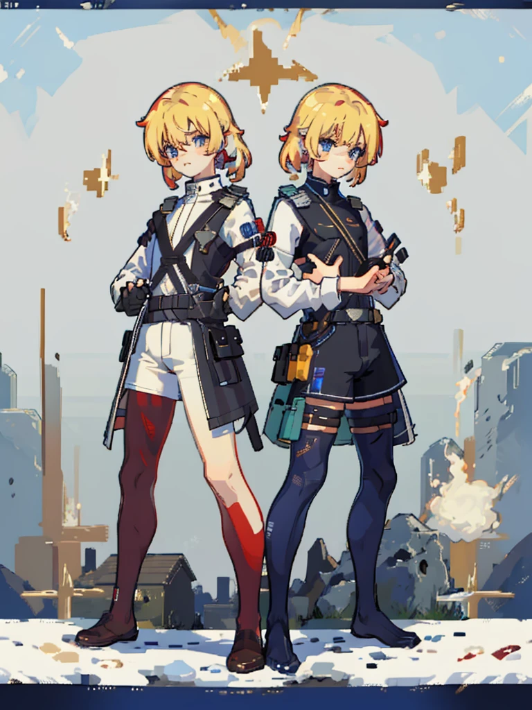 (((Full Body))) (((Twins))) ((Detailed)) ((Male)) They are boys 12-year-old twin with blonde hair. One has an energetic and curious expression, dressed in rugged survival attire. Another one appears more serious and focused, also dressed in practical survival gear with a pragmatic touch. 