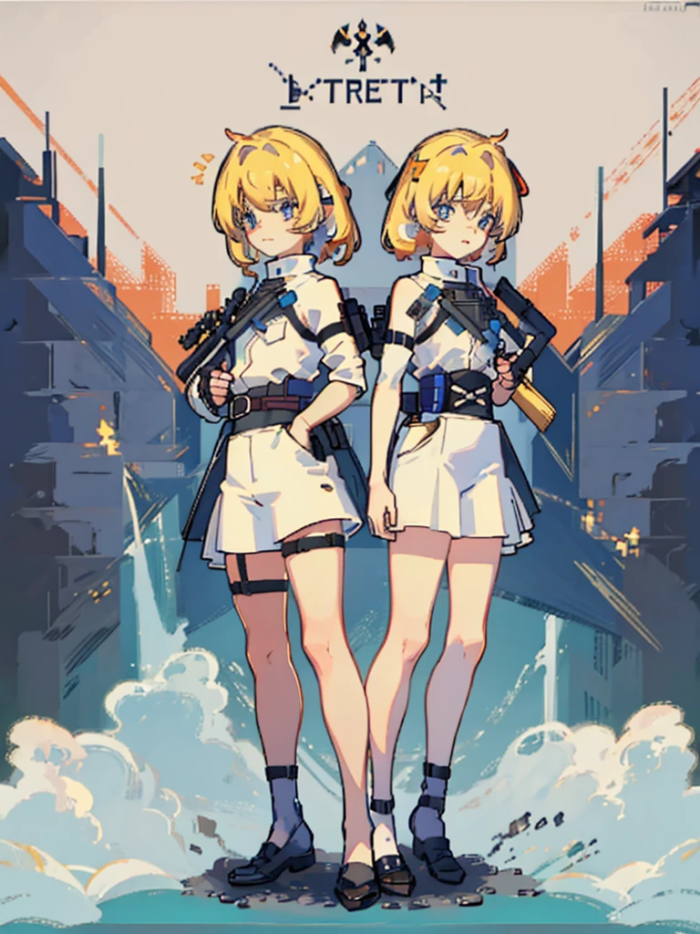 (((Full Body))) (((Twins))) ((Detailed)) ((Male)) They are boys 12-year-old twin with blonde hair. One has an energetic and curious expression, dressed in rugged survival attire. Another one appears more serious and focused, also dressed in practical survival gear with a pragmatic touch. 