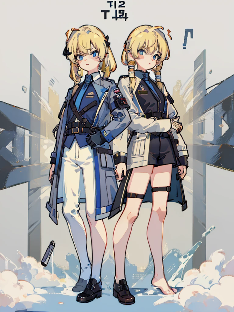 (((Full Body))) (((Twins))) ((Detailed)) ((Male)) They are boys 12-year-old twin with blonde hair. One has an energetic and curious expression, dressed in rugged survival attire. Another one appears more serious and focused, also dressed in practical survival gear with a pragmatic touch. 