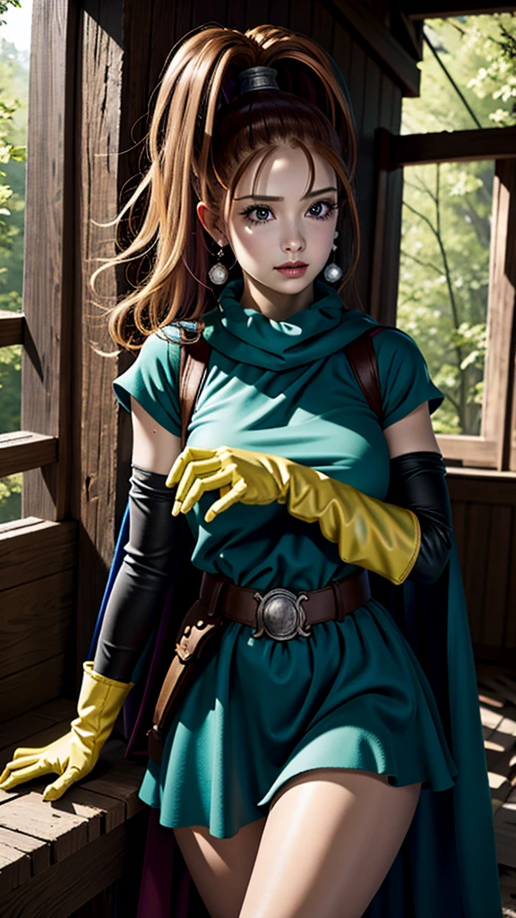 (masutepiece, Best Quality, 32 HDR, High resolution), (1womanl:1.5, Solo:1.5), (dq6 barbara, High Ponytail, Dress, Cape, yellow gloves,Belt bag, Jewelry, earrings), Highly detailed, (Fighting Pose:1.2, in the abandoned house:1.1, in a deep forest), hyperdetailed face, ultra detailed skin texture,