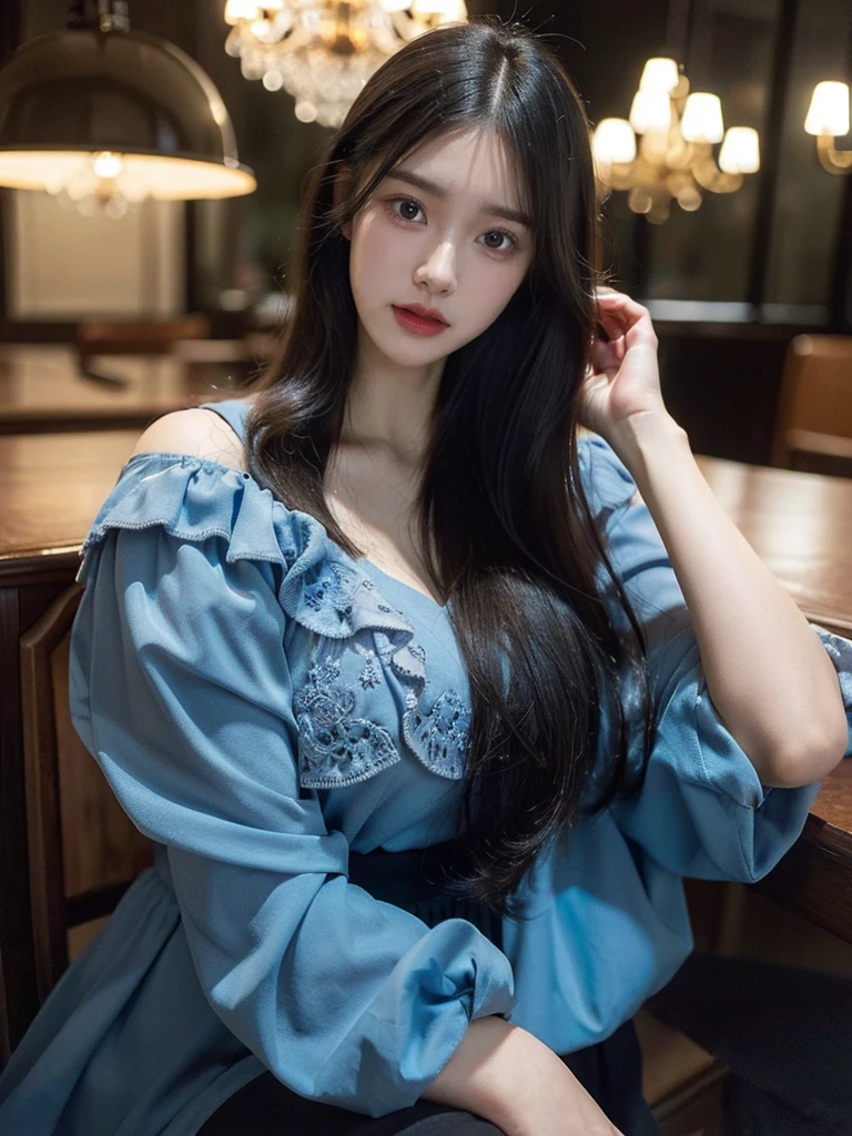 1 girl, beautiful detailed eyes, beautiful detailed lips, extremely detailed face and eyes, long eyelashes, black straight hair, blue eyes, pretty, sitting on a chair, voluptuous, big chest, skinny but curvy, wearing a puffy sleeved uniform, jewelry, 3D, (best quality,4k,8k,highres,masterpiece:1.2),ultra-detailed,(realistic,photorealistic,photo-realistic:1.37), dramatic lighting, vibrant colors, intricate details, elegant, fantasy, concept art