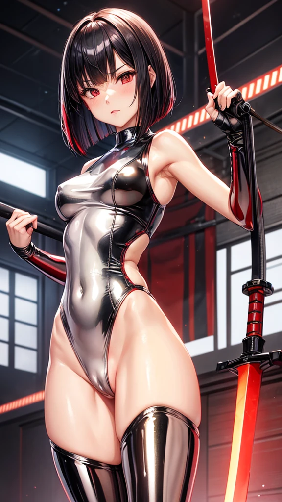 solo girl,Glossy metalic light silver tank top, tight latex shiny, Red interpolation color,Black hair bob,red eyes, camel toe, Samurai Sword,
Lift one leg, sexy lady, โชว์กางเกงใน girl,