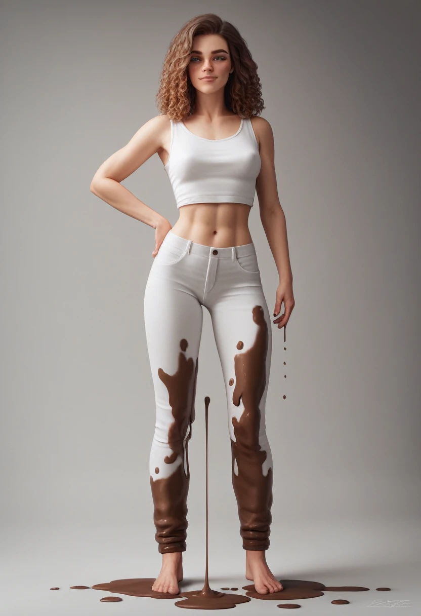 Cinematic, RAW, realistic graphics, realistic textures, Best quality, high resolution, (((Masterpiece))), High-definition, ultra-detailed, ultra-realistic rendering, soft focus, ultra-hd, realistic body proportions, 1 girl, pretty face, hot body, cute eyes, curly hair, white crop top, white pants, in bedroom, detailed bedroom, (((liquid mud in pants))), (((liquid mud dripping from pants pants))), (((liquid mud dripping from crotch))), (((full body view))),