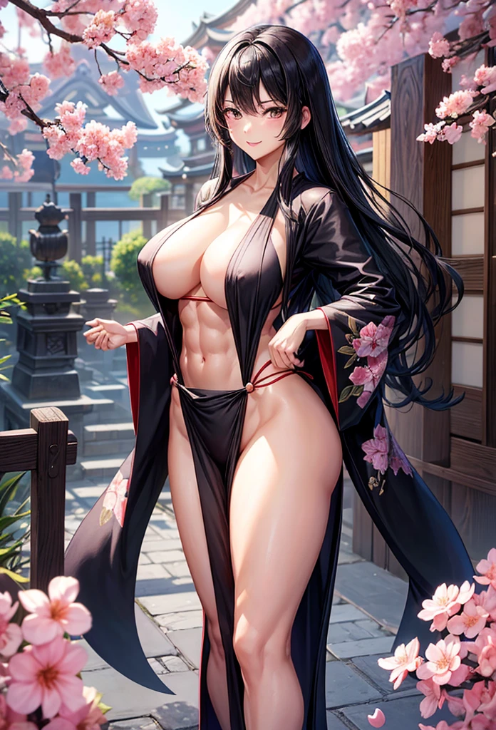 beautiful girl、Big Breasts、Black Hair、Long Straight、Great style、Nice body、Muscular、Abdominal muscles、Beautiful buttocks、Toned Legs、、pubic hair、Are standing、、The whole body is visible、kimono、kimonoがはだける、Japanese-style room、One girl、smile
