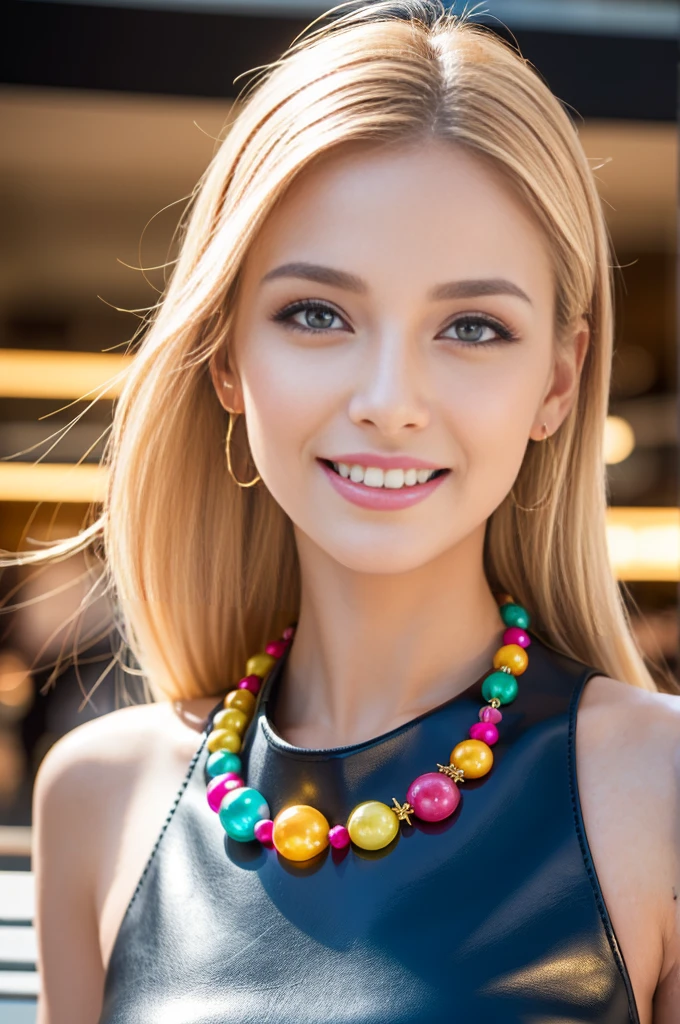 (masterpiece:1.4), (best quality:1.4), 4k, 8k, ultra high res, ultra high resolution, ultra detailed, ((detailed facial features)), HDR, (realistic, photorealistic, photo-realistic:1.37), closeup, sexy seductive Swedish model, (happy smile), (small breasts), (slim girl), long lashes, ultra detailed makeup, defined eyebrows, platinum blonde hair, fair skin, elegant posture, wearing large sparkling colorful jewelry, wearing a business style leather dress, standing in a large shopping mall, gentle sunlight shining through the shopping mall windows, casting a soft glow on her face, adding warmth to the scene, vibrant colors, capturing the essence of vibrant city life, portrait style, showcasing her natural beauty and grace in a feminine way